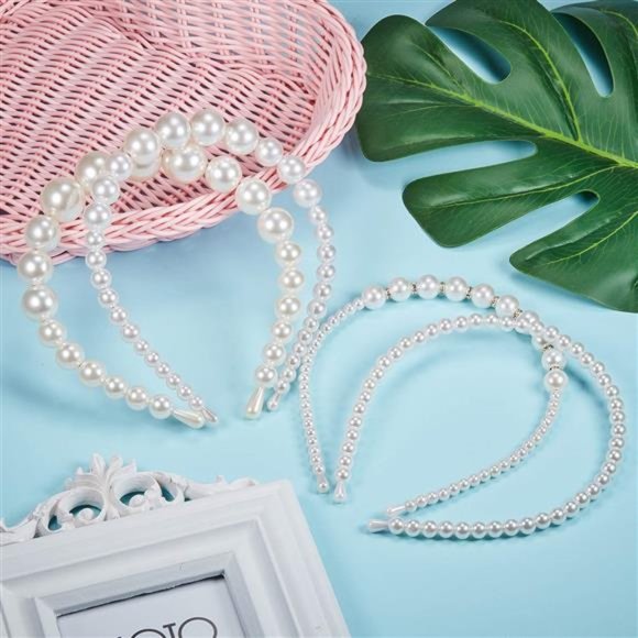4 Pieces Pearls Headbands Women White Faux Pearl Rhinestones Hairbands Hair